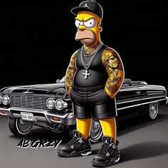 a cartoon character standing in front of a car with tattoos on his arms and legs