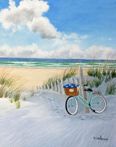 a painting of a bike parked on the beach with grass and sand dunes in the background