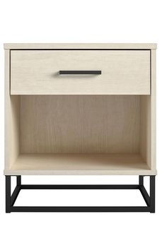 the side table has an open drawer on one side and a metal handle on the other