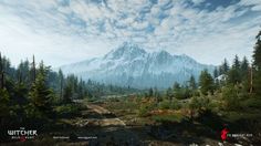 an image of a mountain with trees and clouds in the background, as well as a video game title