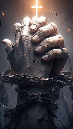 an image of a man holding his hands in front of him with chains on the ground