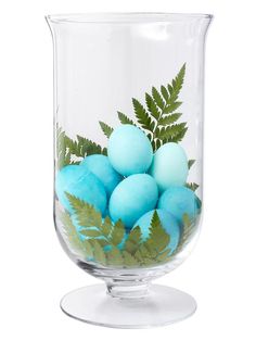 an open book with blue eggs in a glass bowl on it's side and green leaves