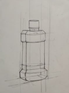 a pencil drawing of a bottle on a white paper with some lines in the background