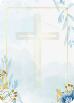 a blue and white background with a cross on the center, surrounded by leaves and flowers