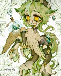 a drawing of an anime character with green hair and yellow eyes, holding a crystal ball