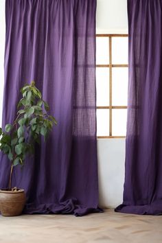 DEEP PURPLE LINEN CURTAINS Purple Curtains Bedroom, Purple Sheer Curtains, Sheers Curtains Living Room, Short Dress Patterns, Purple Curtains, Purple Linen, Purple Rooms, Bangs With Medium Hair, Linen Texture