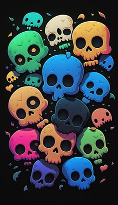 a bunch of skulls that are all different colors