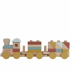 a wooden toy train with colorful blocks on the front and sides, set against a white background