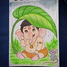 a drawing of an elephant sitting under a green leaf with a rat on the ground