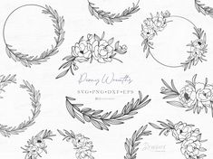 flowers and leaves are drawn in the shape of wreaths on a white paper background