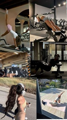 a collage of photos showing people doing different things in the gym and on treadmills