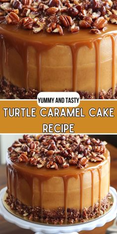 a cake with caramel icing and pecans on top