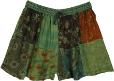 Style goes hand-in-hand with comfort with these multi-pattern handmade rayon shorts! With an elastic drawstring waist, you can adjust the size according to your comfort; The material is soft stonewashed cambric. The comfy lounge shorts have a complimenting patchwork pattern on top and two pockets for storing essentials. #tlb #Patchwork #Stonewash #Pocket #vacationclothing #Fall #bohemianfashion #bohoshorts #TeenagerShorts Green Bohemian Shorts For Summer, Bohemian Green Shorts For Beach, Green Summer Festival Shorts, Bohemian Green Shorts For Vacation, Green Hippie Festival Shorts, Hippie Green Festival Shorts, Bohemian Green Short Bottoms, Summer Green Shorts With Patchwork, Green Bohemian Cotton Shorts