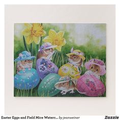 a painting of mice in easter eggs with daffodils