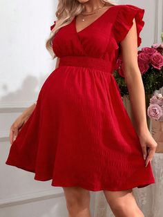 Maternity Romantic Holiday Ruffled Sleeve V-Neck Dress Red Casual  Cap Sleeve Woven Fabric Plain A Line Non-Stretch  Maternity Clothing, size features are:Bust: ,Length: ,Sleeve Length: Maternity Dresses Casual Short, Cute Maternity Dresses Casual, Casual V-neck Maternity Dress, Solid V-neck Maternity Dress, Red Ruched V-neck Mini Dress, Red V-neck Ruched Mini Dress, Chic V-neck Maternity Party Dress, Solid Color V-neck Maternity Dress, Red V-neck Maternity Dress