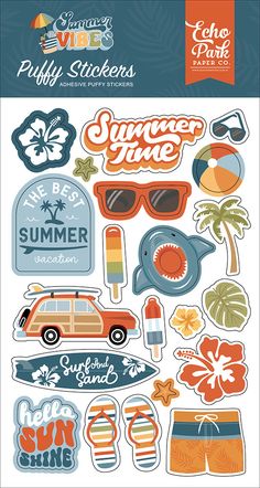 an assortment of stickers with the words summer time written in different colors and shapes