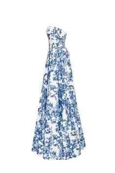 Ravishing blue hydrangea corset maxi dress, Garden of Eden Light Blue Hydrangea, Flowy Prom Dresses, Hydrangea Pattern, Milla Dresses, Corset Maxi Dress, Strapless Evening Gowns, Maxi Dress Designs, A Line Maxi Dress, Strapless Prom Dresses