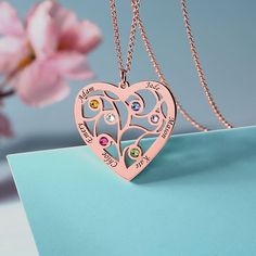 Personalized family tree necklace for your family member. The heart shape symbolizes the love. Tree means the solid relationship. Personalised Family Tree, Family Tree Necklace, Family Necklace, Tree Necklace, Engraved Bracelet, Engraved Necklace, Online Jewelry Store, Love Necklace, Birthstone Necklace