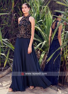 Navy Blue Readymade Palazzo Style Suit... Palazzo Suit, Suits Design, Indo Western Dress, Fancy Buttons