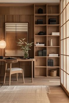 a wooden desk and chair in a room with bookshelves on either side of it