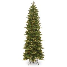 a tall artificial christmas tree with lights on it's sides and the top half turned down