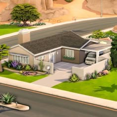 an artist's rendering of a house in the middle of a street with palm trees