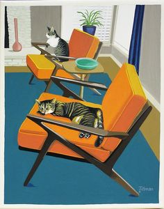 a painting of a cat laying on an orange chair in a living room with blue carpet