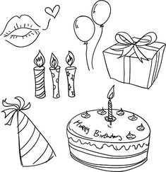 birthday cake with candles and balloons coloring page for kids to print out on the table