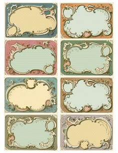 a set of nine different colored labels with ornate designs on the sides and bottom corners