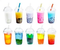 there are many different drinks in cups with straws