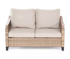 Broyhill San Marino Tan Wicker Cushioned Patio Loveseat | Big Lots Textured Cushions, Patio Furniture Layout, Patio Seating Sets, Patio Loveseat, Outdoor Loveseat, Patio Sofa, Big Lots, Patio Seating, Garden Patio Furniture