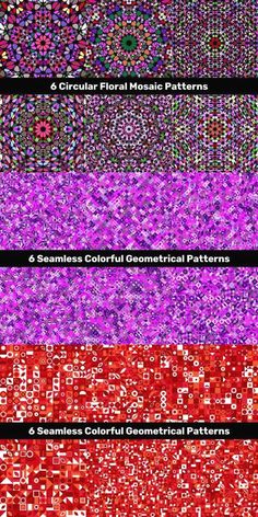 an array of different colored squares with the text, 4 seams corall geometric patterns