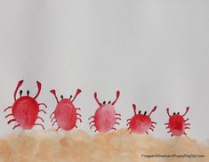 four red crabs are lined up in the sand