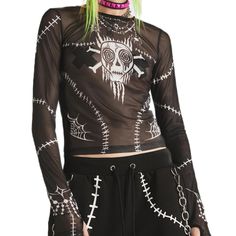 This Crop Top That Has A Sheer Mesh Construction, Stitching Graphics All Over, Thumbhole Cutouts, And A Skull And Crossbones Printed Across The Chest. Black 94% Polyester, 6% Spandex Hand Wash Cold, Hang Dry Exclusively At Dk Fitted Graphic Print Emo Tops, Spring Gothic Mesh Top, Halloween Punk Stretch Tops, Fitted Emo Tops For Fall, Alternative Long Sleeve Mesh Tops, Emo Fitted Tops For Streetwear, Punk Style Black Top For Halloween, Emo Fitted Streetwear Tops, Black Gothic Mesh Top For Night Out