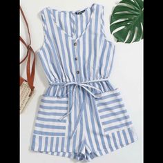 Button Front, Pocketed, Striped Romper. Brand New, Has Never Been Worn! Casual Outfits Ideas, Black Sequin Shorts, Outfit Tips, Indie Dresses, Combi Short, Sequin Shorts, Romper Outfit, High Waisted Jean Shorts, Cute Rompers