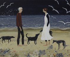 a painting of two people and their dogs on the beach at night with seagulls flying overhead