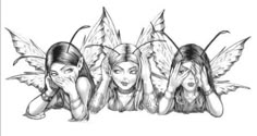 three girls with wings on their heads and one is covering her face while the other looks at