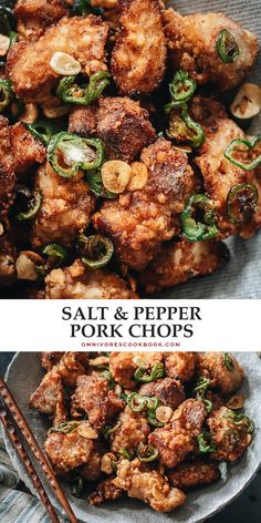 salt and pepper pork chops on a plate with chopsticks