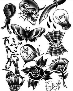 black and white tattoo designs with roses, skulls, spider webs, eyeballs and more