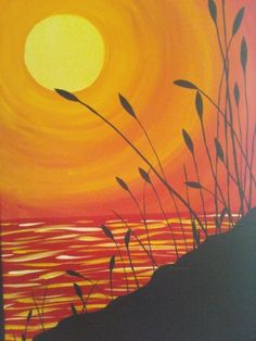 a painting of the sun setting over water with reeds in foreground and an orange sky