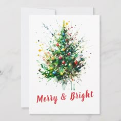 a merry and bright christmas card with a watercolor tree in the center, on a white background