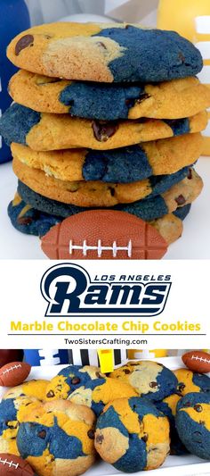 cookies are stacked on top of each other with footballs in the background