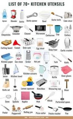 the kitchen utensils list is shown in this graphic above it's description