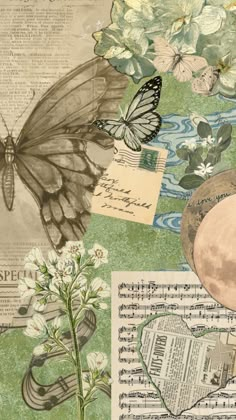 a collage of butterflies, flowers and music sheets