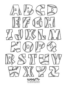 the alphabet is made up of baseballs and letters that are outlined in black ink