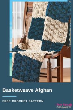 a blue and white afghan sitting on top of a wooden chair