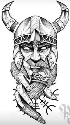 an ink drawing of a viking with horns on his head and two knives in his hand