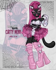 a drawing of a catty noir girl with pink hair and boots holding an umbrella