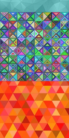 an abstract colorful background with many different colors and shapes, including triangles on the side