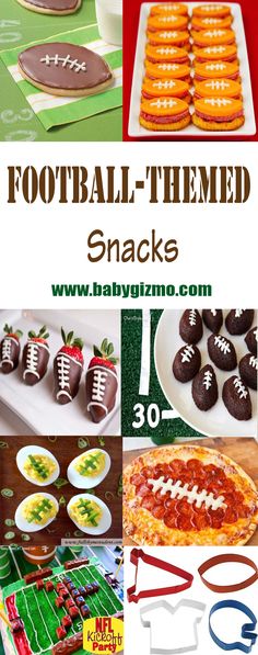 football themed snacks and desserts are featured in this collage